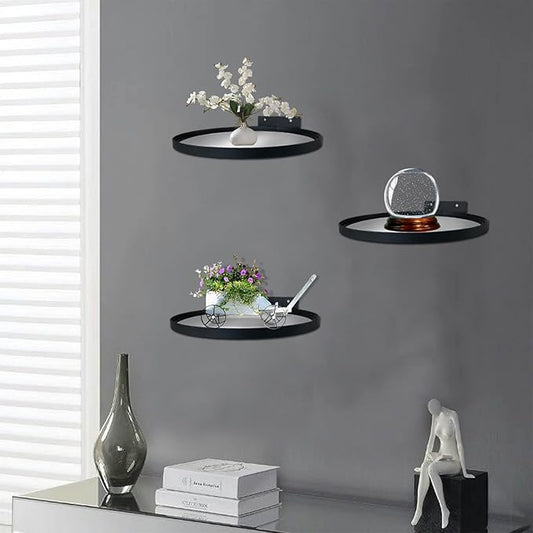 Cityelf Floating Shelves Wall Mounted Wall Decor Iron Glass Hanging Shelf Home Decor Set of 3 Display Ledge Shelves for Living Room Bedroom Office-Black