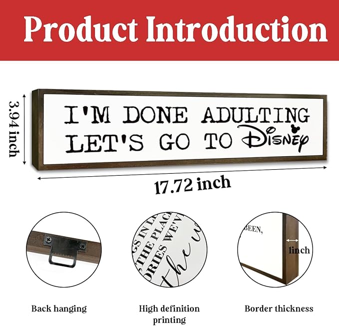 Rustic Decor Sign, Funny Wooden Plaque, Wall Decor Art, Farmhouse Tabletop Decoration for Home Bedroom, Hanging Framed Wood Signs, I'm Done Adulting, Let's Go to Disney Sign