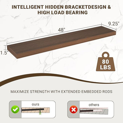 48 Inch Floating Shelves, 48"x9.25"x1.5" Inch Deep Floating Shelves for Wall, Wooden Shelves for Bathroom, Bedroom, Living Room, Walnut, 1 Piece