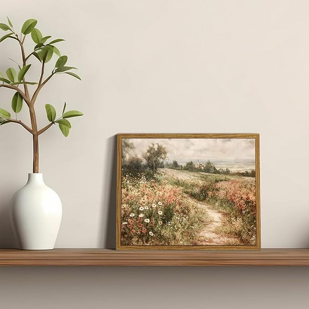 OIQArtOIQ Framed Canvas Wall Art,Vintage Decor,Landscape Nature Country Wildflower Paintings Farmhouse Pictures Modern Artwork Rustic Fall Flower Prints Cottagecore Office Living Room Bedroom Bathroom