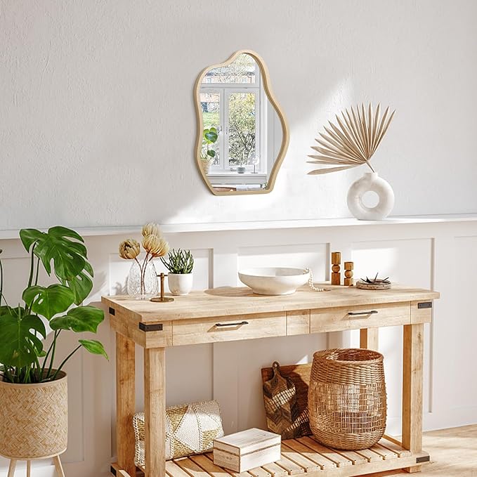 Small Wall Mirror Asymmetrical Irregular Wood Frame Mirrors Modern Unique Wall-Mounted Artistic Cloud Shape Mirror Decor for Bathroom Vanity Bedroom Living Room Entryway Hallway