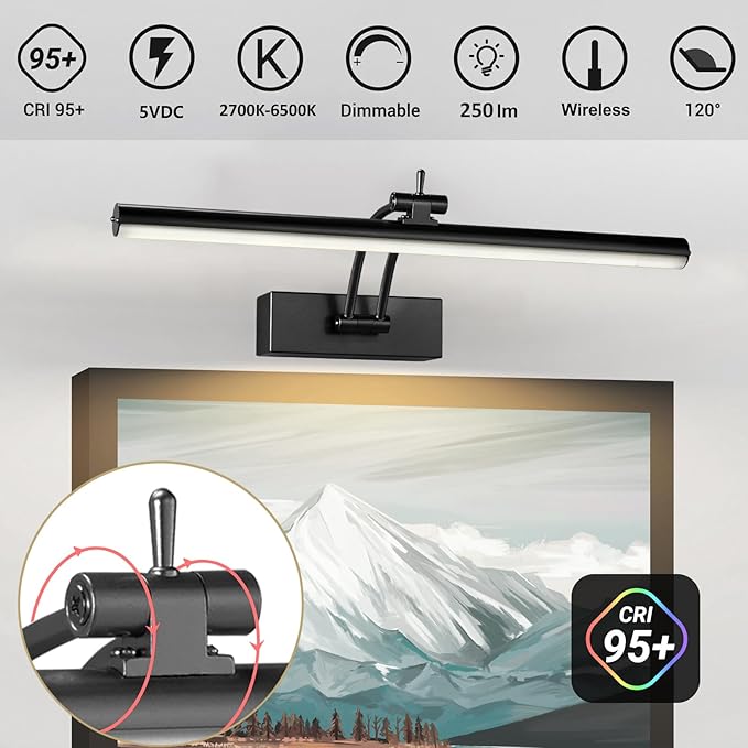 2 Pack Picture Lights for Wall Battery Operated, 12 inch Wireless Art Lighting for Painting, 6 Colors Picture Frame Lights with Remote, Dimmable 4200mAh Gallery Light, Black