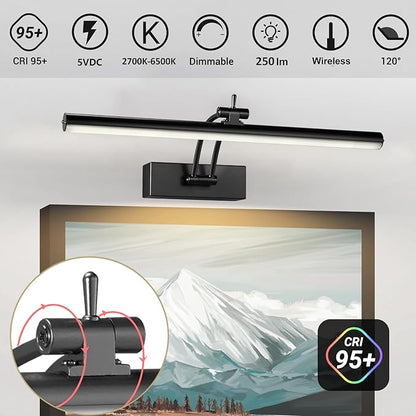 2 Pack Picture Lights for Wall Battery Operated, 12 inch Wireless Art Lighting for Painting, 6 Colors Picture Frame Lights with Remote, Dimmable 4200mAh Gallery Light, Black