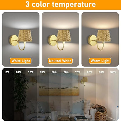 Battery Operated Wall Sconce Set of 2, Rechargeable Wireless Rattan Wall Sconces with Dimmable Detachable Magnetic Bulbs and Remote, 3 Colors Wall Lights for Bedroom Living Room Hallway