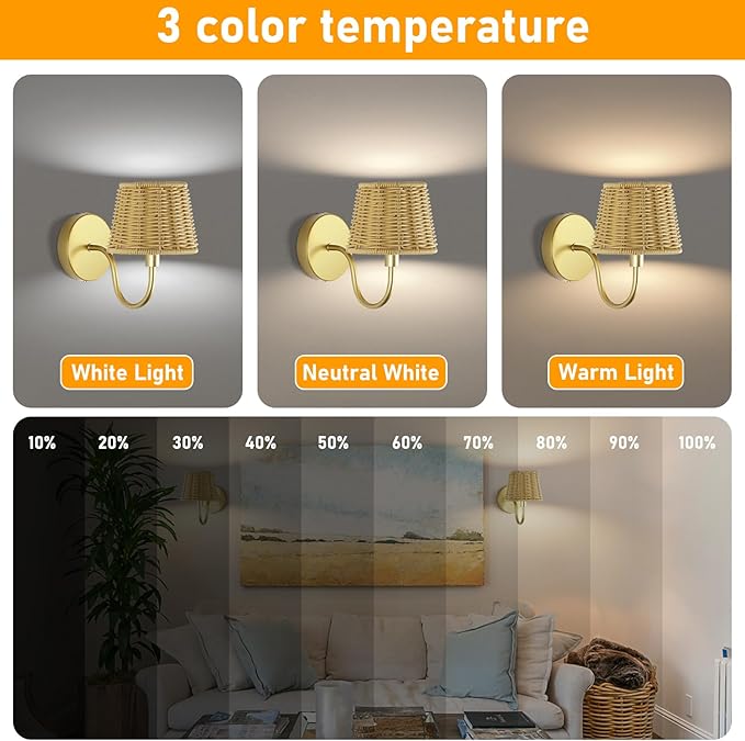 Battery Operated Wall Sconce Set of 2, Rechargeable Wireless Rattan Wall Sconces with Dimmable Detachable Magnetic Bulbs and Remote, 3 Colors Wall Lights for Bedroom Living Room Hallway