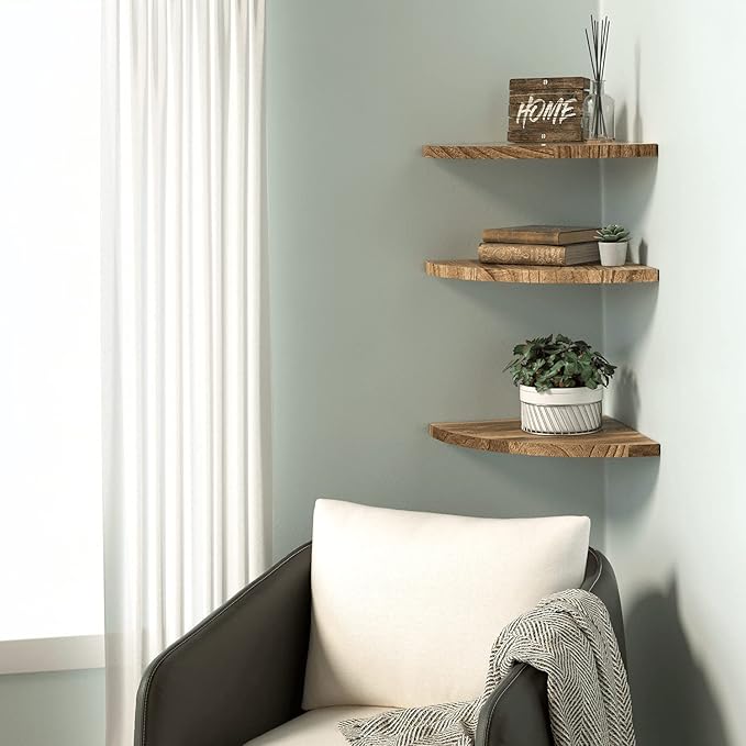 Wall Mounted Rustic Wood Round Edge Corner Shelf Storage Rack, Bookcase, Floating Shelves Home Decor for Bedroom, Living Room, Office and Kitchen, Set of 3 (Round Edge)