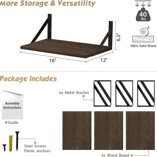 Forbena 12 Inch Deep Floating Shelves for Wall Set of 3, Wooden Wall Bookshelf for Bedroom Books, Rustic Wood Hanging Bookshelves for Bathroom Living Room Office Storage (Dark Brown)