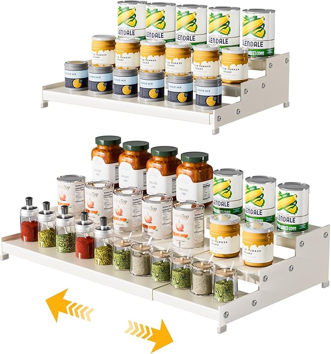 Expandable Carbon Steel Spice Rack Organizer for Pantry, Adjustable 3-Tier Ladder Shelf,Holds Up to 24 Cans,Kitchen Countertop Organizer, Rustproof Storage Rack for Spices, Cans, Sauces & Dry Goods