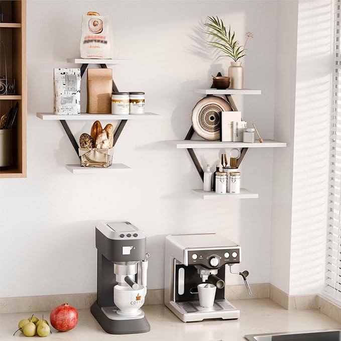 Floating Shelves, Wall Shelf Set of 2, Wall Mounted Shelves, 3-Tier Hanging Wall Shelves for Bathroom, Living Room, Bedroom, Kitchen, Office (White)