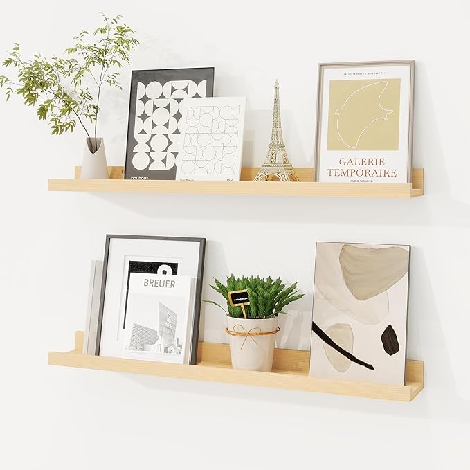 Picture Ledge Shelf, Solid Pine Wood Floating Shelves Set of 2, 24 Inches Nursery Book Shelves for Toys Storage, Kids Bookshelf Wall Mounted for Living Room Decor Photo Frames, Unfinished Natural