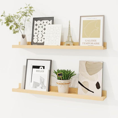 Picture Ledge Shelf, Solid Pine Wood Floating Shelves Set of 2, 24 Inches Nursery Book Shelves for Toys Storage, Kids Bookshelf Wall Mounted for Living Room Decor Photo Frames, Unfinished Natural