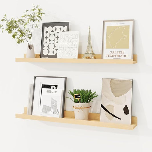 Picture Ledge Shelf, Solid Pine Wood Floating Shelves Set of 2, 24 Inches Nursery Book Shelves for Toys Storage, Kids Bookshelf Wall Mounted for Living Room Decor Photo Frames, Unfinished Natural