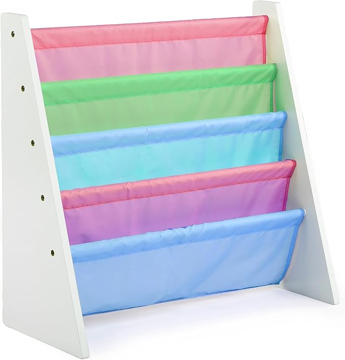 Humble Crew 4-Tier Kids Bookshelf, White Wood/Pastels - Premium Book Shelf for Kids Rooms with Four Deep Pockets - Toddler Sling Book Rack with Deep Sleeves, Nursery Bookcase Organizer
