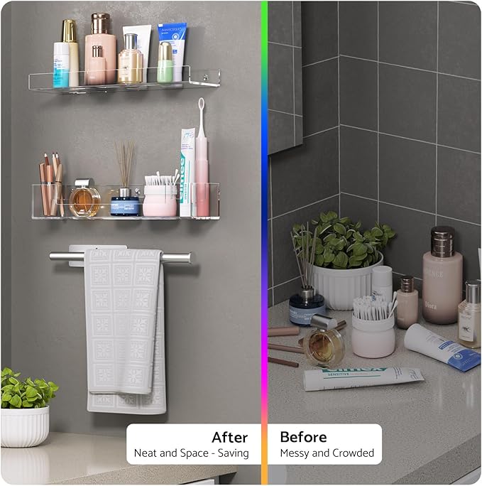 HIIMIEI Bathroom Shelves Wall Mounted: Clear Floating Shelf with Hand Towel Bar, 14.9in Acrylic Hanging Shelves Over Toilet, Set of 3 Bathroom Organizers Rack for Skin Care, Perfume, Lotion, Storage