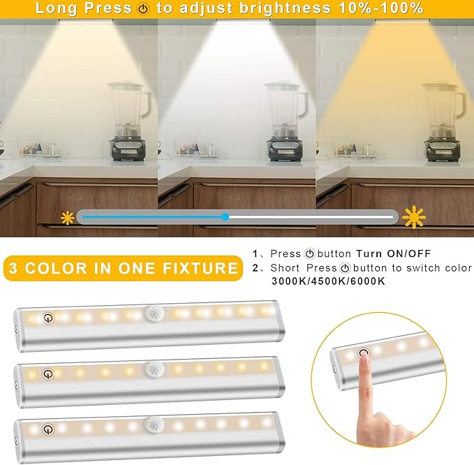 Diomart Under Cabinet Lighting, Wireless Rechargeable Under Counter Lights with Remote Control, 20- LED Dimmable Led Closet Light Stick-on Anywhere Touch Night Light for Kitchen, Wardrobe (4 Pcs)