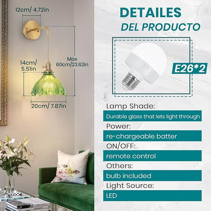 Battery Operated Wall Sconce Set of 2, Rechargeable Battery-Powered Wall Light with Green Glass Lampshade,Wireless Indoor Wall Lamp with Remote Control for Living Room Bedroom