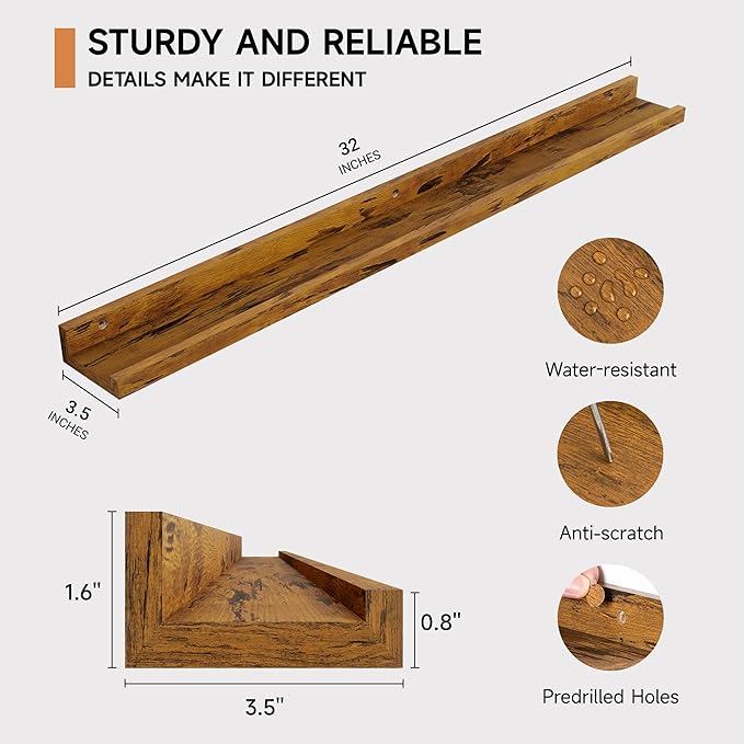 Fun Memories Picture Ledge Shelf, 32 Inch Floating Shelves Set of 2, Large Nursery Book Shelves for Toys Storage, Kids Bookshelf Wall Mounted for Wall Decor Books Photo Frames, Rustic Brown