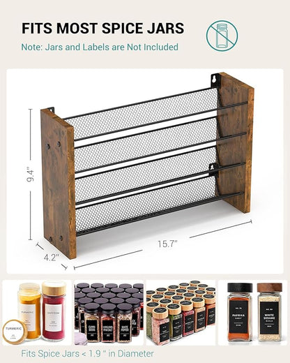 NESAPTO Spice Rack Organizer for Cabinet, Wooden 4 Tier Vertical Seasoning Organizers for Kitchen Pantry, Countertop/Wall Mount, Holds 32 Spice Jars (No Jars Included), 15.7" W × 9.4" H