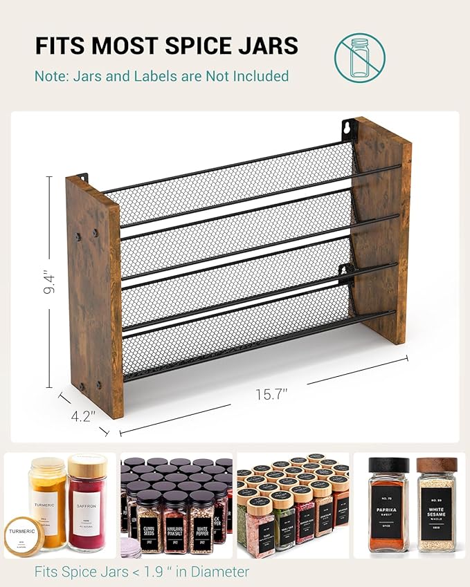 NESAPTO Spice Rack Organizer for Cabinet, Wooden 4 Tier Vertical Seasoning Organizers for Kitchen Pantry, Countertop/Wall Mount, Holds 32 Spice Jars (No Jars Included), 15.7