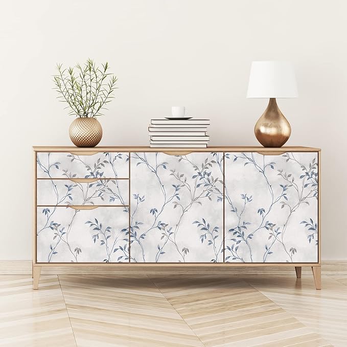 VaryStyle 17.7"x393" Tree Branches Peel and Stick Wallpaper Grey Blue Twigs with Leaf Linen Look Wallpaper Waterproof Vinyl Grey Contact Paper Vintage Tree Wall Paper for Kitchen Living Room Walls