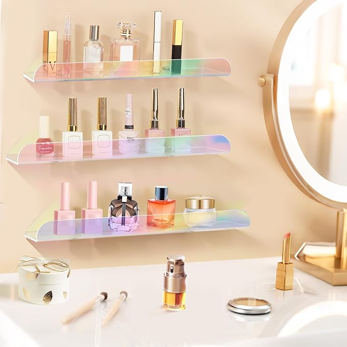 15 Inch Acrylic Floating Shelves for Wall Decor, 3 Pack Iridescent Acrylic Shelves for Bedroom Kitchen Office Nursery, Stylish Wall Mounted Vinyl Record Holder, Magazine Rack, Picture Ledge