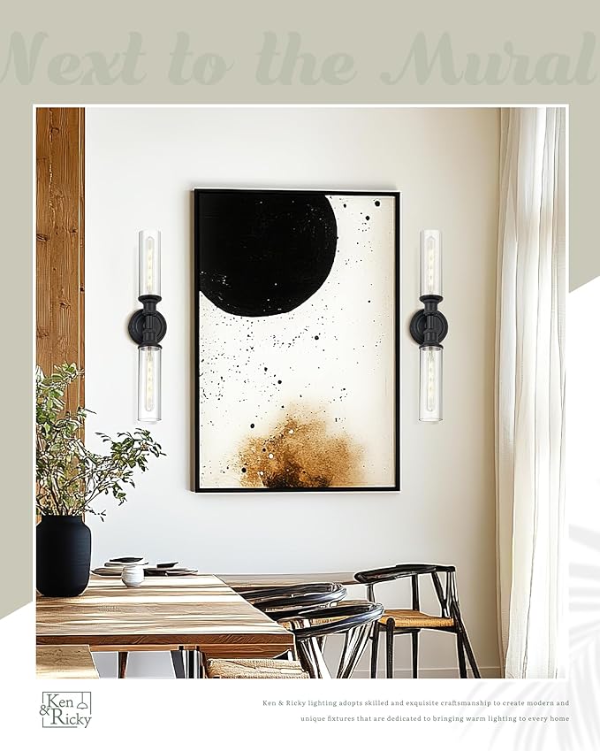 Ken & Ricky Modern Bathroom Sconces Set of 2, Matte Black Bathroom Wall Sconces,24-Inch Wall Sconce Light Fixtures for Bathroom Living Room Bedroom