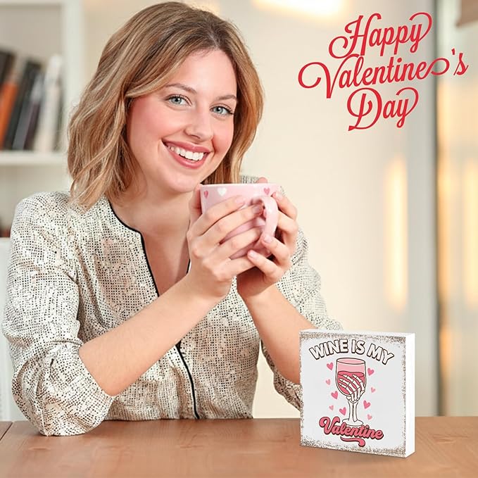 Valentines Coffee Desk Decor, Valentine's Day Gifts for Drink Lover Bar Station, Wine Is My Valentine Home Office Table Sign for Kitchen Shelf Tiered Tray, Cafe Tabletop Decoration to Couples