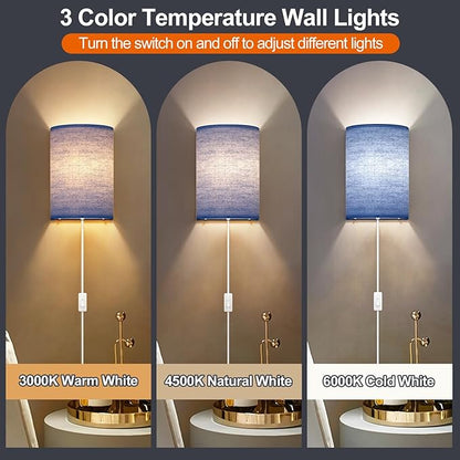 Plug in Wall Sconces Set of Two: Wall Lights with On/Off Switch - Stepless Color Temperature Wall Mount Lamps - Fabric Linen Wall Sconce for Bedroom Living Room & Hallway- Indoor Corded Wall Sconces