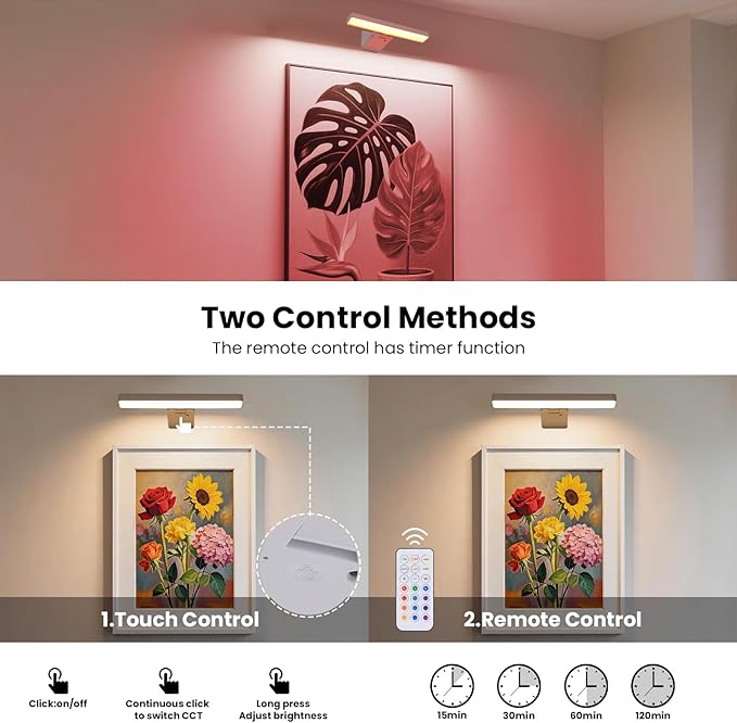 Picture Lights for Wall Battery Operated White Wireless Art Light for Paintings, Rechargeable Display Lighting for Picture with Remote Control, RGB Poster Lights for Gallery, Frame, Portraits, 2 Pack