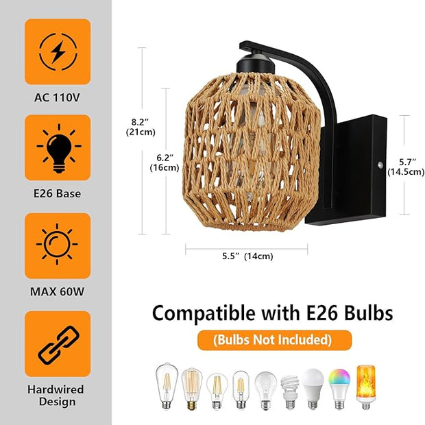 lobolighting Boho Rattan Wall Sconces Hardwired Hand-Woven Farmhouse Wall Lamps Indoor Rustic Wall Mount Light Fixtures for Bedroom Living Room Nursery Hallway 1Pack