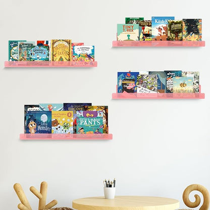 Dezzer 6 Pack Acrylic Shelves for Wall, 15" Acrylic Floating Shelves for Bathroom Bedroom, Invisible Bookshelf Wall Ledge Storage Shelf Books Perfume Toys Action Figure Display Shelves, Pink