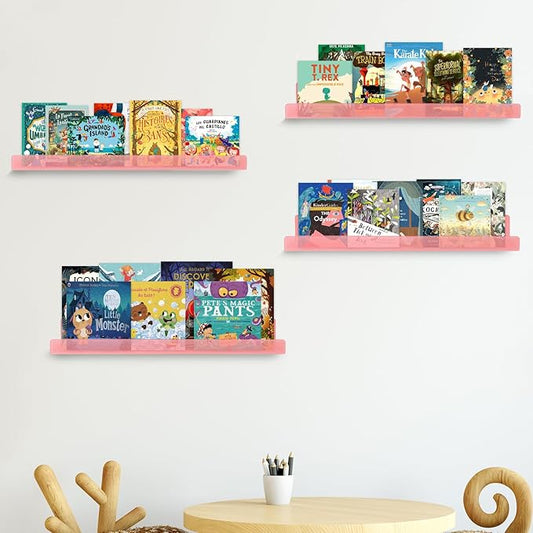 Dezzer 6 Pack Acrylic Shelves for Wall, 15" Acrylic Floating Shelves for Bathroom Bedroom, Invisible Bookshelf Wall Ledge Storage Shelf Books Perfume Toys Action Figure Display Shelves, Pink