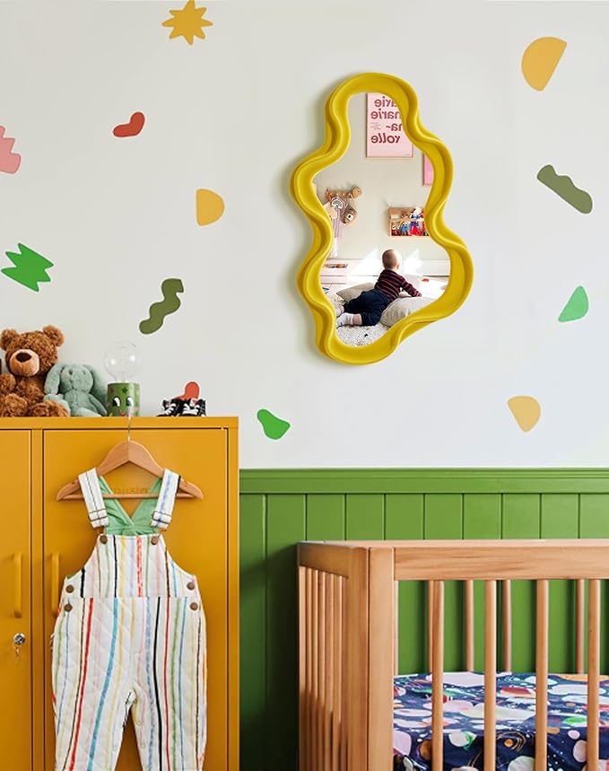 Wavy Wall Mirror Decor for Girly Bedroom Classroom, 16x10 Small Cute Abstract Decorative Mirrors Art Above Dresser Desk Table Decor, Funky Modern Apartment Nursery Room Decoration (Yellow)