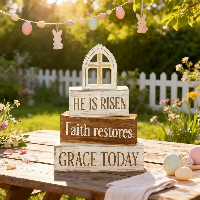 Easter Decorations - He Is Risen Cross Tiered Tray Decor - Faith Restores Grace Today Religious Wooden Tabletop Sign - Farmhouse Easter Christian Home Decor Indoor - Spring Home Decor for Living Room, Kitchen Counter, Seasonal Farmhouse Display
