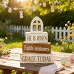 Easter Decorations - He Is Risen Cross Tiered Tray Decor - Faith Restores Grace Today Religious Wooden Tabletop Sign - Farmhouse Easter Christian Home Decor Indoor - Spring Home Decor for Living Room, Kitchen Counter, Seasonal Farmhouse Display