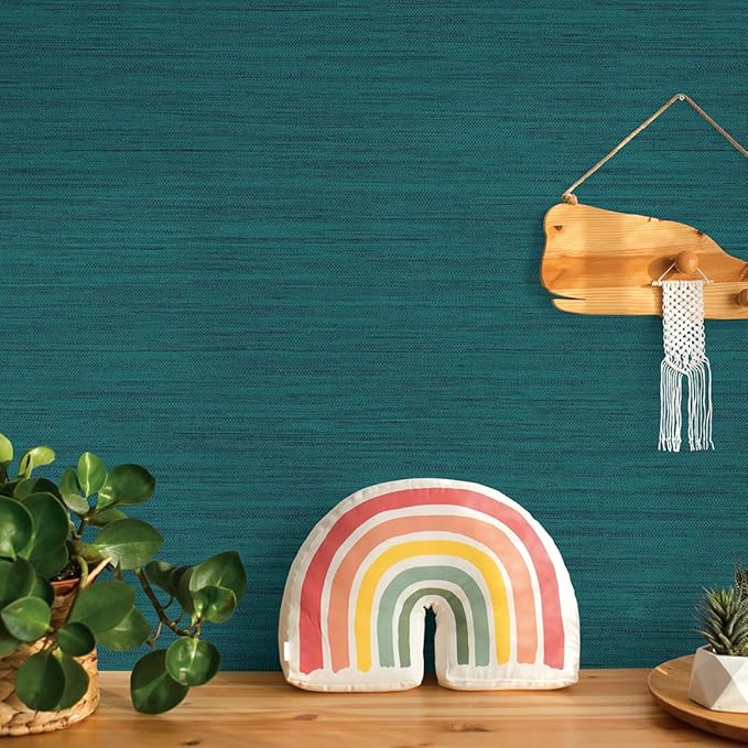 Tempaper Textured Teal Green Horizontal Faux Grasscloth Removable Peel and Stick Wallpaper, 20.5 in X 16.5 ft, Made in The USA