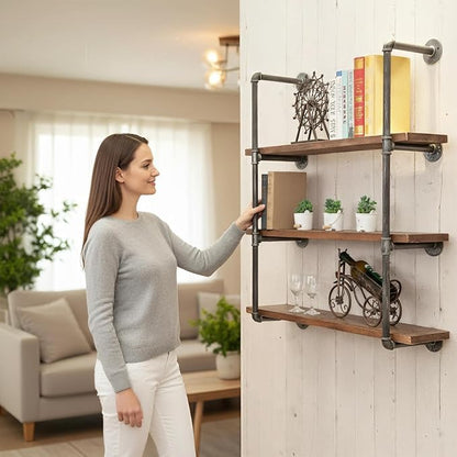 Industrial Wall Mounted Iron Floating Pipe Shelves/Shelving/Racks/Storage/Bookcases/Brackets, DIY Open Bookshelves, Retro Black (4-Tier Shelf Brackets with 3 Boards)