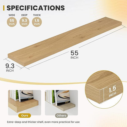 55 Inch Floating Shelves, 9.3" Deep Floating Shelf Wall Mounted, 56" Wall Shelves, Rustic Deep Bookshelf, Large Display Shelves & Storage Shelves for Bedroom, Living Room, Oak, Set of 1