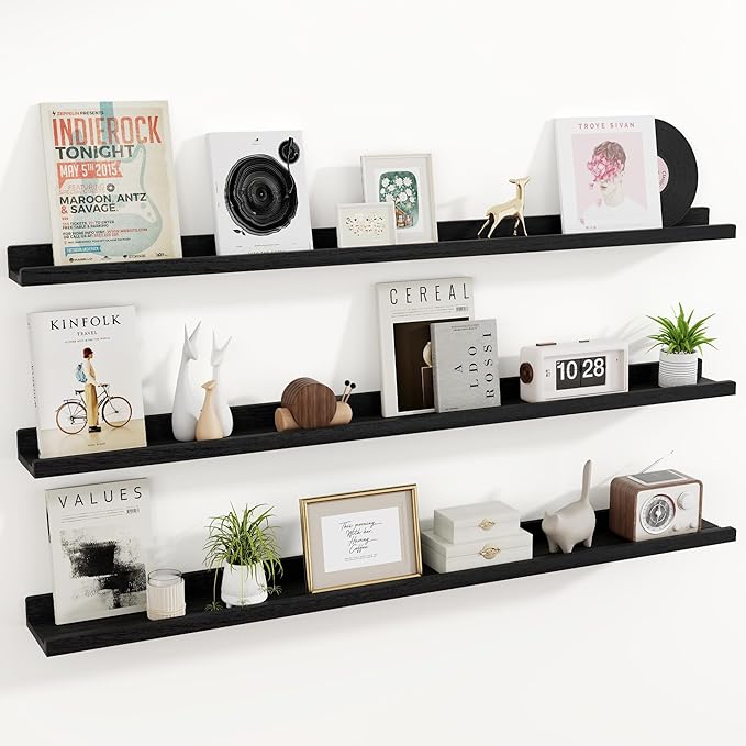 RICHFOCUS Floating Shelves for Wall, 55 inch Solid Wood Picture Ledge Shelf for Wall Storage, Nursery Book Shelves with Lip for Living Room Bathroom Bedroom Kitchen, Set of 3, Distressed Black