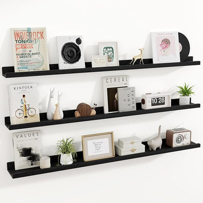 RICHFOCUS Floating Shelves for Wall, 55 inch Solid Wood Picture Ledge Shelf for Wall Storage, Nursery Book Shelves with Lip for Living Room Bathroom Bedroom Kitchen, Set of 3, Distressed Black
