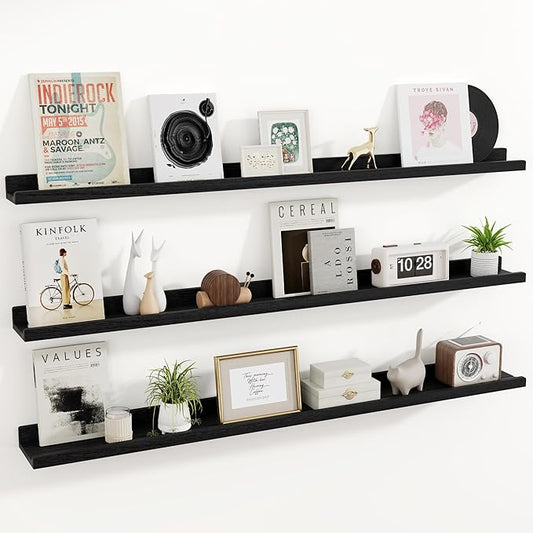 RICHFOCUS Floating Shelves for Wall, 55 inch Solid Wood Picture Ledge Shelf for Wall Storage, Nursery Book Shelves with Lip for Living Room Bathroom Bedroom Kitchen, Set of 3, Distressed Black