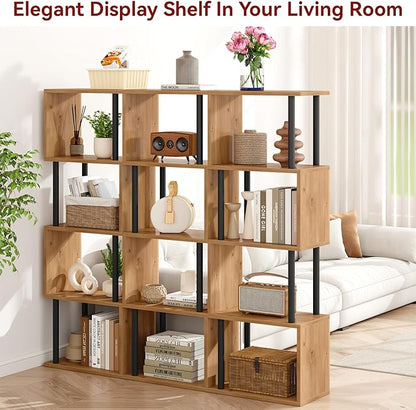 IBUYKE 5-Tier Tall Bookshelf,S-Shaped Geometric Bookcase, Wood Display Shelves with Storage,Modern Bookshelf for Living Room Bedroom, Home Office,Oak WBC015K