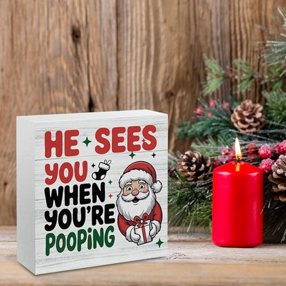 Christmas Bathroom Desk Decor Santa He Sees You When You're Signs Desk Accessories Christmas Decorations Indoor for Home Bathroom Toilet Restroom Shelves Decor 5 X 5 Inch