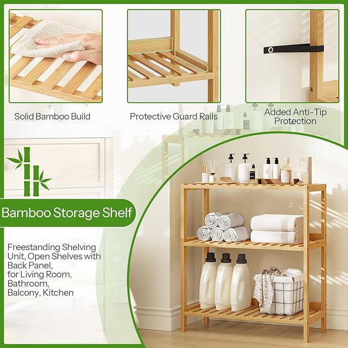 HOOBRO Bamboo Storage Shelf, 3-Tier Freestanding Shelving Unit, Multifunctional Storage Rack with Back Panel, 23.6 x 10.2 x 26 inches, for Bathroom, Living Room, Balcony, Kitchen, Natural YL94CJ01