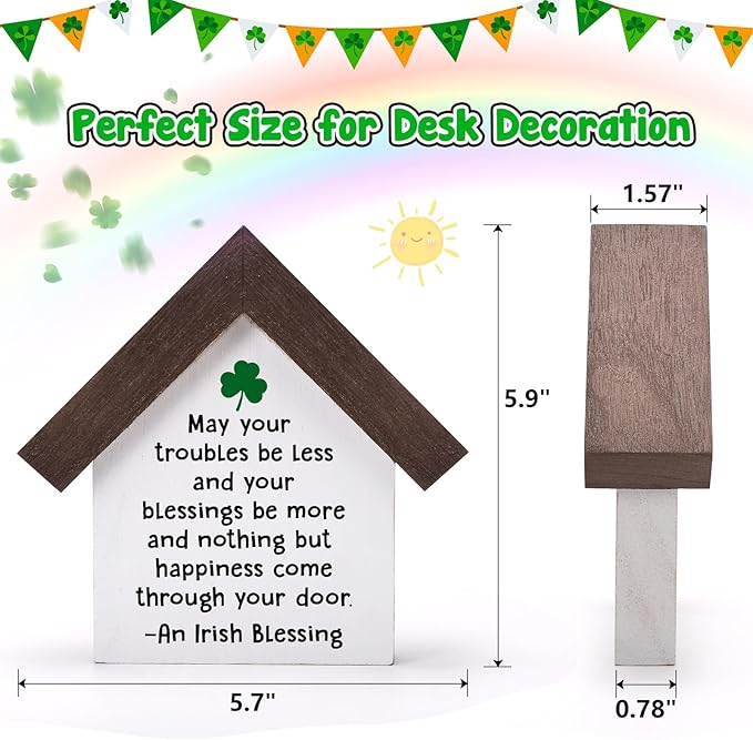 MBL St Patrick's Day Decoration - Happy Saint Patricks Day Accessories Gifts Green Shamrock Home Table Office Shelf Spring Tiered Tray Decor Centerpiece for Women Men, Wood Irish Blessing Sign