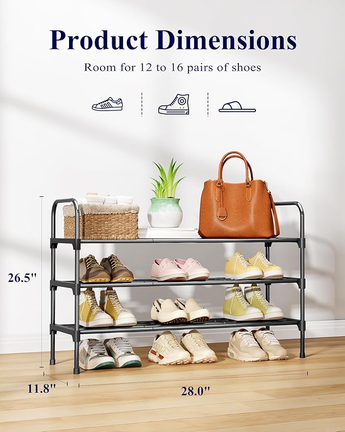 Kitsure Shoe Rack - 3-Tier Space-Saving Shoe Organizer & Shoe Shelf with Handle, Easy Assembly, Sturdy Metal Shoe Rack for Closet, Entryway, Bedroom, 28.0" x 11.8" x 25.6", Black