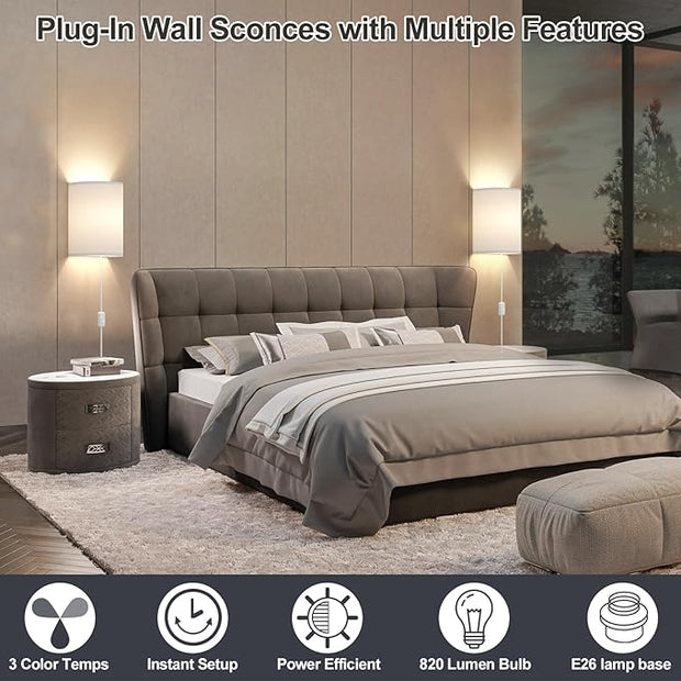 Plug in Wall Sconces Set of Two: Wall Lights with On/Off Switch - Stepless Color Temperature Wall Mount Lamps - Fabric Linen Wall Sconce for Bedroom Living Room & Hallway- Indoor Corded Wall Sconces