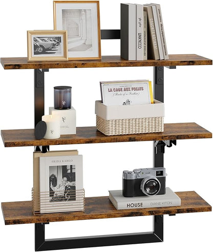 Bestier Floating Shelves for Wall, 24 inch Kitchen Shelves Wall Mounted, 3 Tier Coffee Bar Shelf with Foldable Brackets, Industrial Display Shelf for Bathroom, Living Room, Rustic Brown