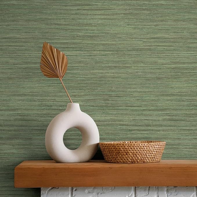 Tempaper Textured Green Horizontal Faux Grasscloth Removable Peel and Stick Wallpaper, 20.5 in X 16.5 ft, Made in The USA