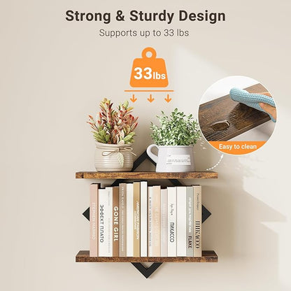 ELYKEN Floating Shelves for Wall, Set of 3 Hanging Shelves, 2-Tier Wall Mounted Storage Shelves for Books & Decor, Perfect for Living Room, Bedroom, Kitchen, Home Office, Study, Rustic Brown
